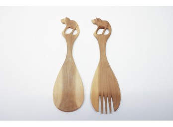 Hand-Carved Wood Lion Salad Servers