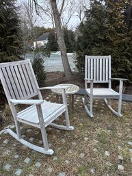 Pair Of Teak Outdoor Rockers And Side Table