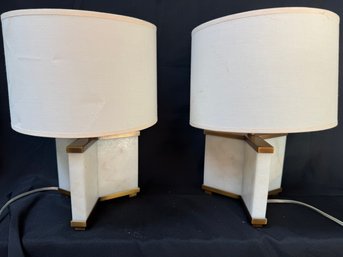 Petite Pair Of White Marble Lamps With Gold Frame