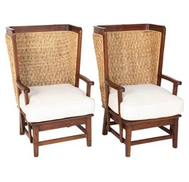 Pair Of Ralph Lauren British Colonial Style Woven Back Armchairs