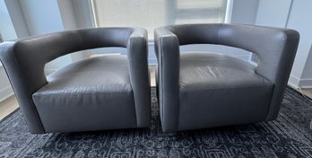 PAIR OF RESTORATION HARDWARE DREW CURVED LEATHER SWIVEL CHAIRS - OAK BASE