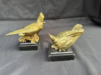 Pair Of Bronze Birds On Wooden Plinth