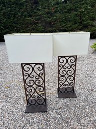 Pair Of Iron Lamps With Paper Shades