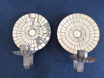 Pair Of Pewter Mirrored Sconces