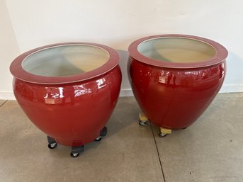 Pair Of Red Ceramic Planters