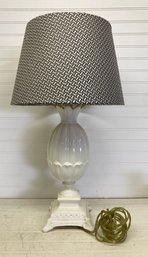 White Pineapple Lamp With Black & White Woven Shade