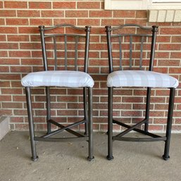 Set Of Black Metal Stools With Plaid Seats
