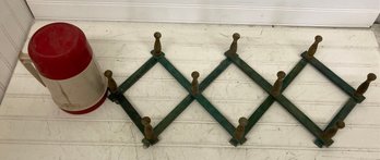 Retro Red Top Thermos & Green Wood Vintage Accordion Wall Hanger