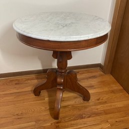 Antique Marble Top Wood Pedestal Table