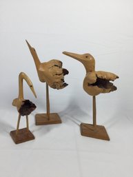 Trio Of Burl Wood Birds