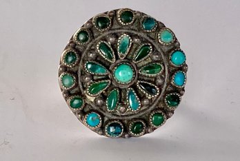 Vintage Medallion Ring With Turquoise & Green Stones