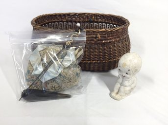 Wicker Basket With Pin Cushion And Cupie Doll Figurine