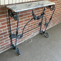 Black Metal Table With Marble Top (Center Wreath In Need Of Repair)
