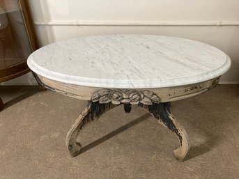 Cute Distressed Carved Coffee Table With Marble Top