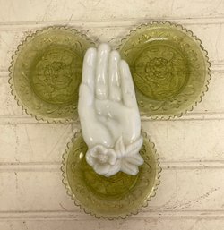 Cute Collection Of Vintage Dishes- Milk Glass Hand & Little Rose Pattern Green Depression Glass Dishes