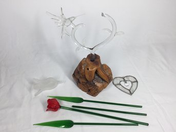 Glass And Wood Display And Additional Glass Decor (see Photos For Condition- Some Repairs Needed)