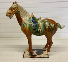 Vintage Tang Dynasty Ceramic War Horse Figurine -Drip Sancai Glaze