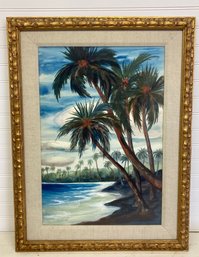 Beautiful Gilt Framed Original Tropical Painting Of Ocean, Blue Cloudy Sky & Palm Trees
