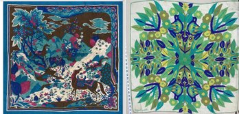 Pair Of Vintage Scarves- Jeanne Lanvin Paris Silk Mod Design & Bold Colorful Indian Mountain Scene With Horses