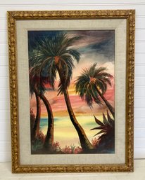 Beautiful Gilt Framed Original Tropical Painting Of Sunset & Palm Trees