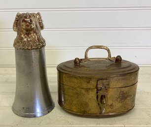 Vintage Silver Plated Figural Ram's Head Stirrup Cup & Indian Brass Hinged Lidded Box