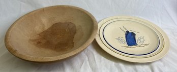 Vintage Painted Plate & Wood Bowl