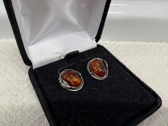 Vintage Sterling Silver Amber Earrings (5.4 Grams)