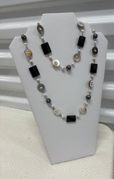 Sterling Silver Onyx Mother Of Pearl Necklace