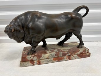 Bronze Bull Sculpture On Marble Base