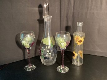 Hand Painted Wine Decanter & Matching Glasses