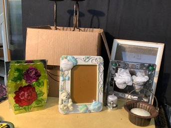 LARGE GROUP OF CANDLE HOLDERS, CANDLES & FRAMES