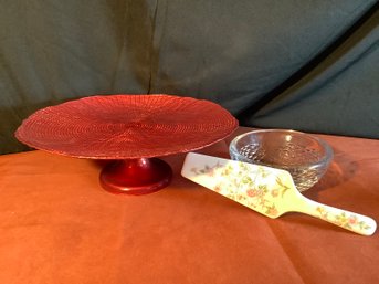 Vintage Deep Red  Glass Cake Dish,& More