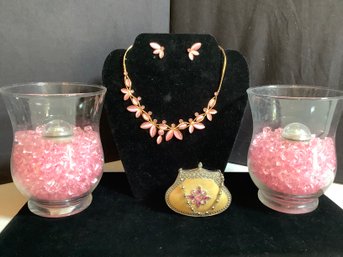 Candle Votives W/ Elegant Pink Necklace, Earring & Purse
