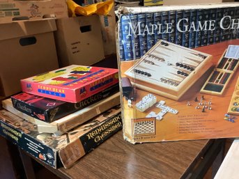 5 Vintage Games Including  Maple Chess Set, Checkers , Teddy Bear Bingo