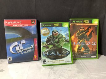Play Station 2 Gran Turismo 3 A- Spec, XBox Halo Combat Evolved, Halo 2