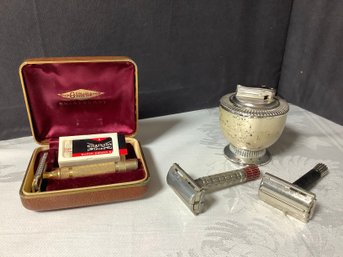 Vintage Gillette Gold Razor, 2 Gillette Razors, Cigarette Lighter