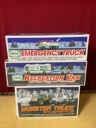 New In Box Hess 2007 Monster Truck, 1996 Emergeny Truck, 1998 Recreation Van