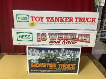 New In Box Hess 2007 Monster Truck, 1990 Tanker Truck, 1992 18 Wheeler And Racer