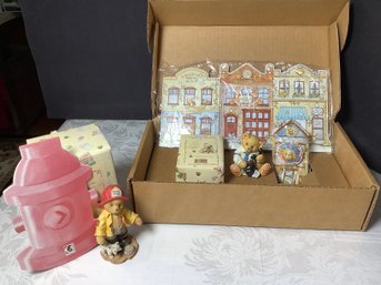 Cherished Teddies Village W/ Firehouse & 1996 Symbol Of Membership Figures Plus More