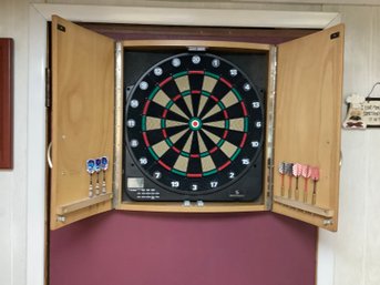 Electronic Dart Board In Wood Cabinet