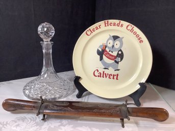 ANTIQUE CARVING SET, BURBON LIQUOR DECANTER, CALVERT PLATE