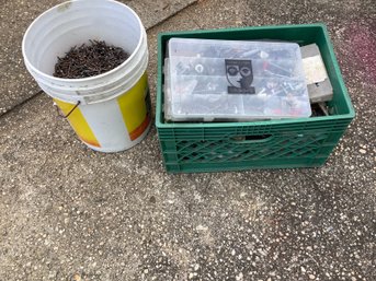Milk Crate & Bucket  Full Of Assorted Screw,Bolts & Nails