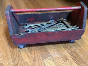 Rolling Wood  Tool Box On Wheels & Open End Wrenches