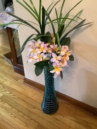 Green Glass Vase W/ Hawaiian Lei Flowers