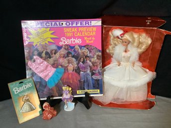 Barbie Dress,  Holiday Barbie Doll, Holiday Pin, Figurine & Vintage Calendar