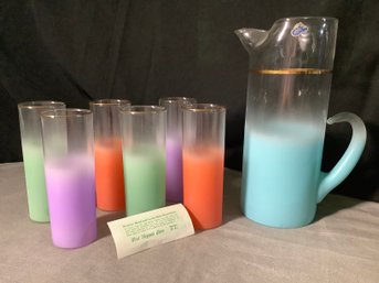 West Virginia Glass MCM Frosted Pitcher & Glasses W/ Sticker