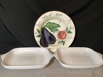 Colorful Salad Bowl And 2 Matching White Serving Dishes