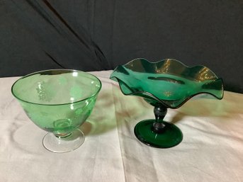 Vintage Green Footed Bowl And Green Footed Compote