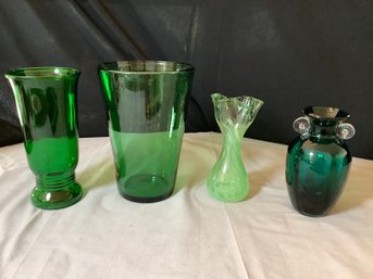 4 Green Glass Vases