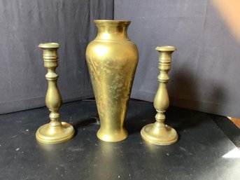 Brass Candle Holders And Vase